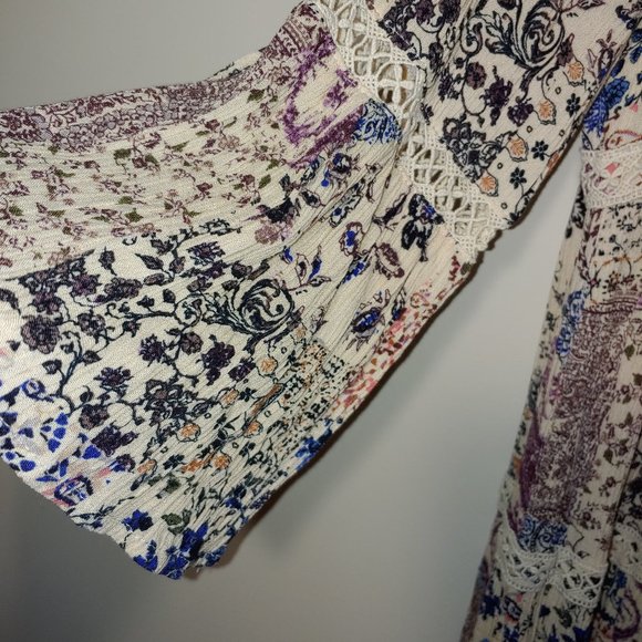 Knos Rose Tiered Floral Crochet Lace Trim Button Down Bell Sleeve Dress Size S - Picture 5 of 7